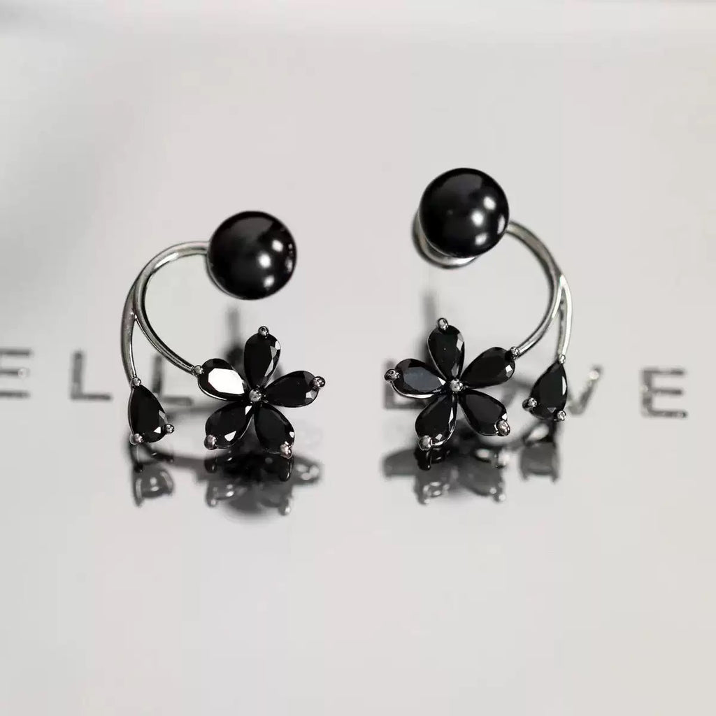 14K gold elegant black flower women's earrings